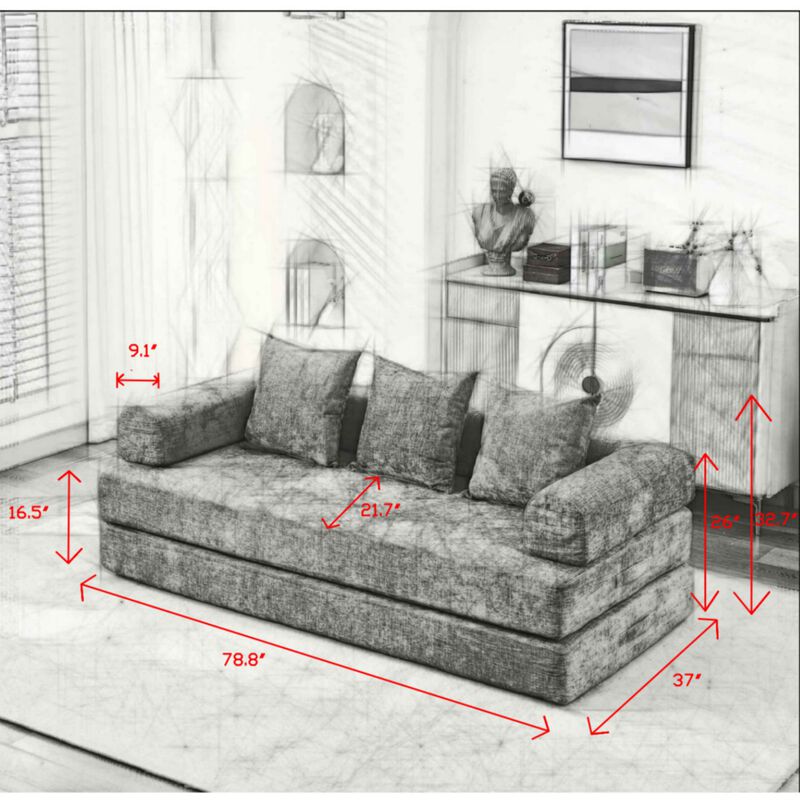 Convertible Folding Mattress Couch, Chenille Floor Sofa with Armrest, Floor Sofa Lounge Couch image number 3