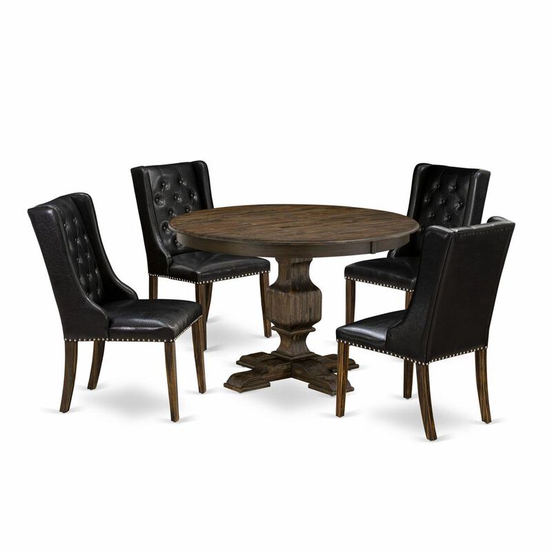 East West Furniture 5 Piece Dinner Table Set Consists of a Wooden Dining Table and 4 Black PU Leather Mid Century Dining Chairs with Button Tufted Back - Distressed Jacobean Finish