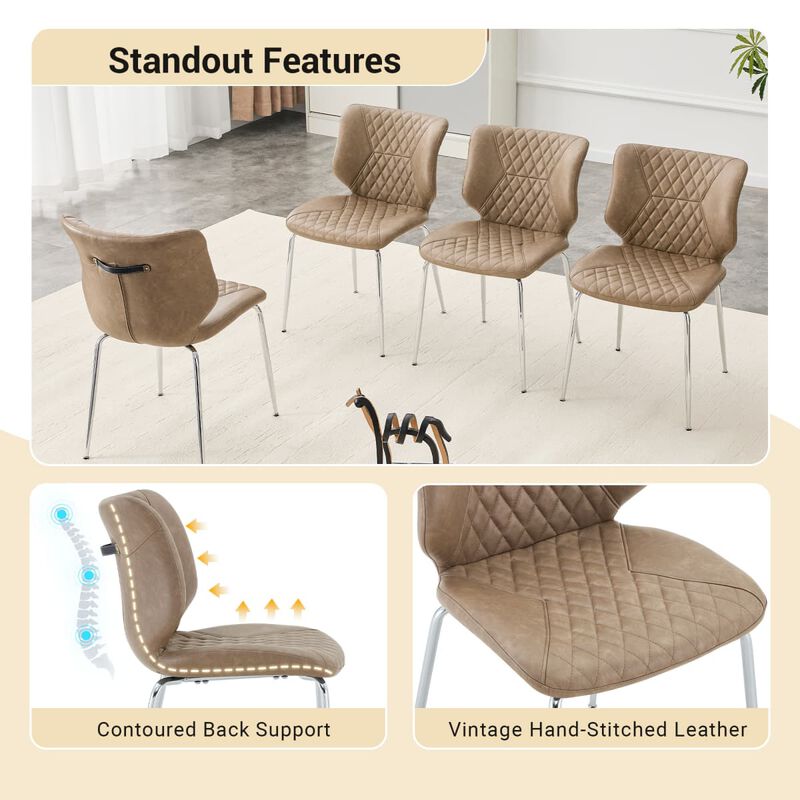 Set of 4 Leather Dining Chairs Square High Back Dining Chairs with Chevron Tufting Retro Dining Chairs with Metal Legs and Back Handle image number 5