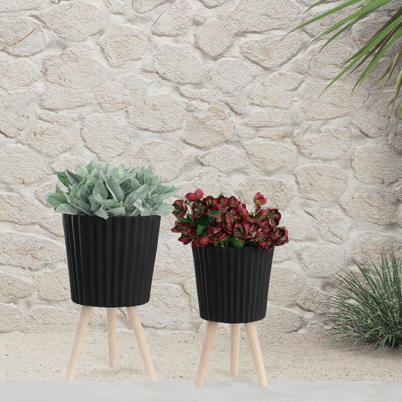 Ridged Planter with Wood Legs, Black Set