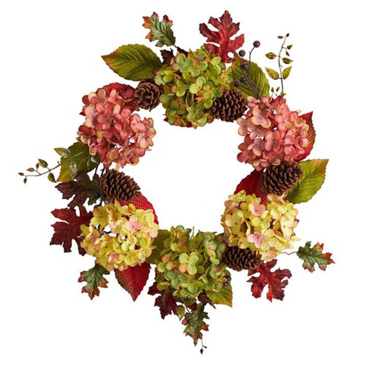 Nearly Natural 25-in Autumn Hydrangea and Pinecones Fall Artificial Wreath