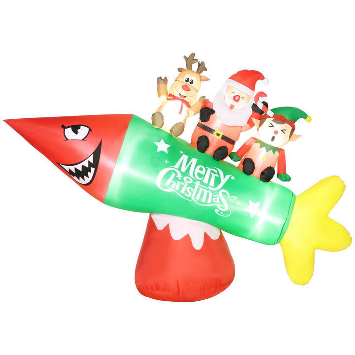 9' Inflatable Christmas Rocket Carrying Santa Claus, Elf and Reindeer for Garden