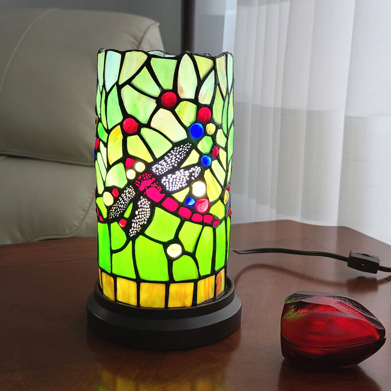 Hivvago 11" Green and Pink Dragonfly Stained Glass Accent Lamp