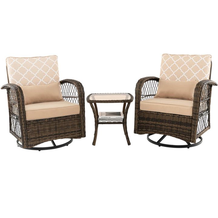 Hivvago 3 Pieces Outdoor Wicker Conversation Set with Tempered Glass Coffee Table