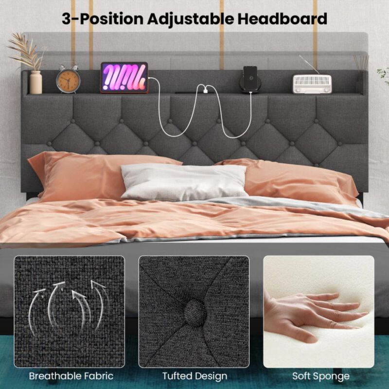 Hivvago Floating Bed Frame with LED and Headboard and Charging Station