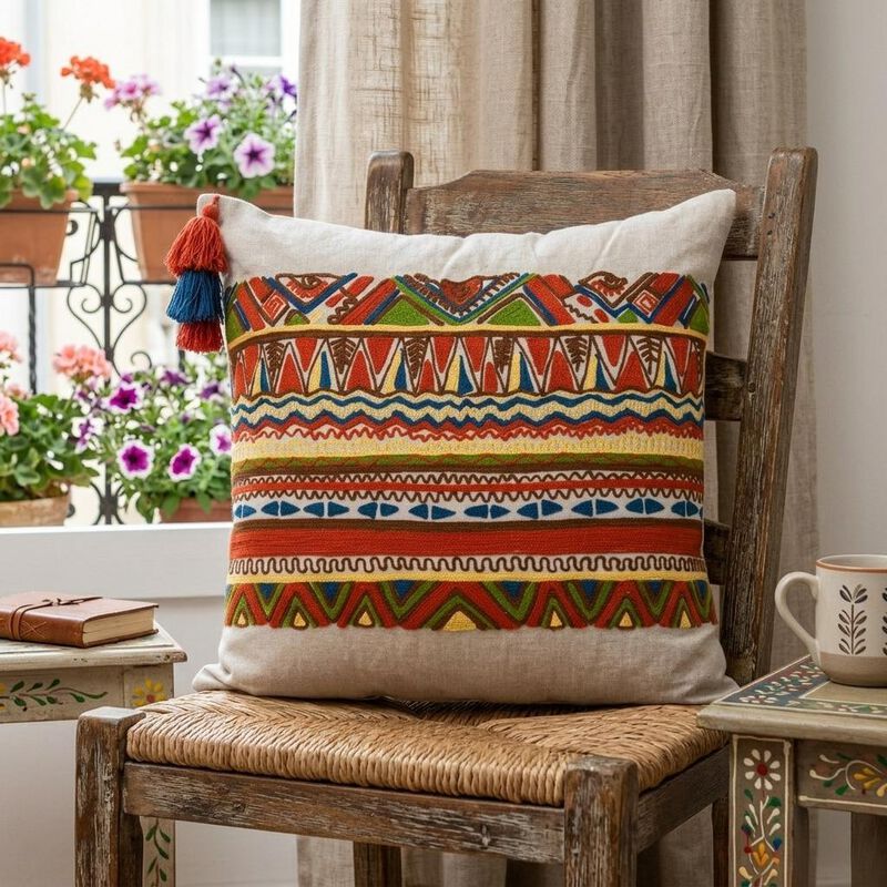 HomeRoots 20" Beige and Orange Striped Cotton Blend Throw Pillow With Embroidery image number 1
