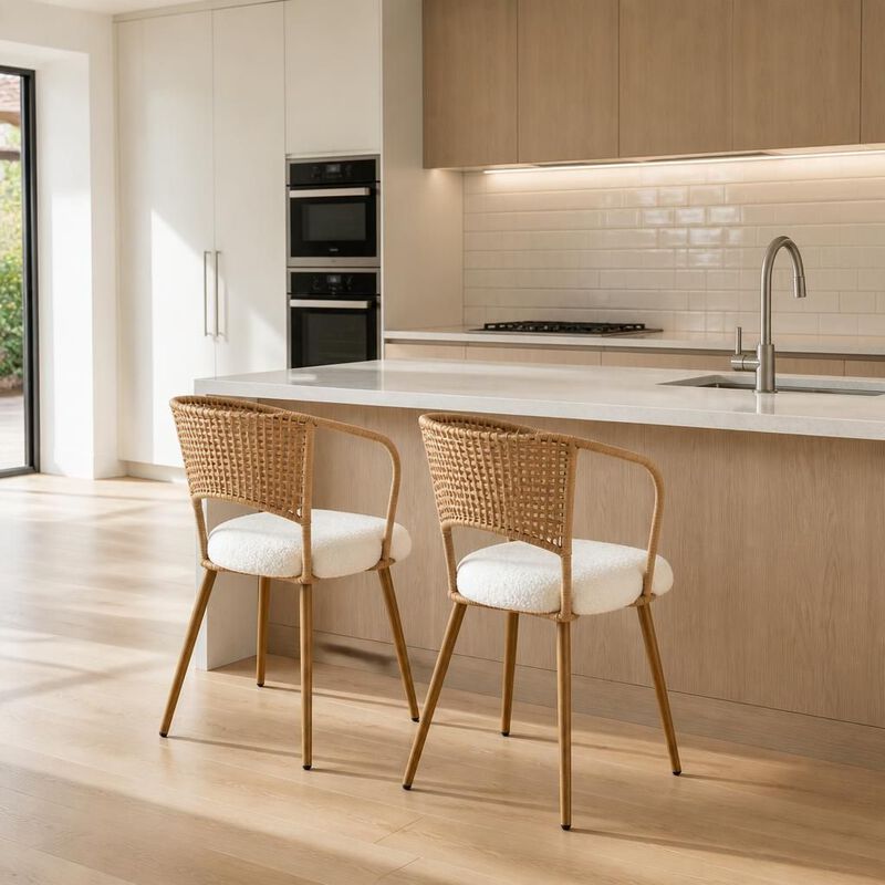 GOODSILO Set of Two Woven Rattan Wing Back Dining Chairs with Soft Foam Cushion and Metal Legs for Kitchen Dining Room Home Use image number 2