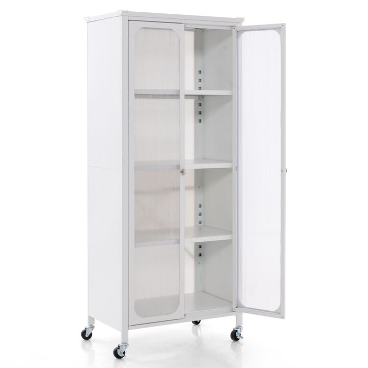 Glass Doors Storage Cabinet with Wheels and Adjustable Shelves-White