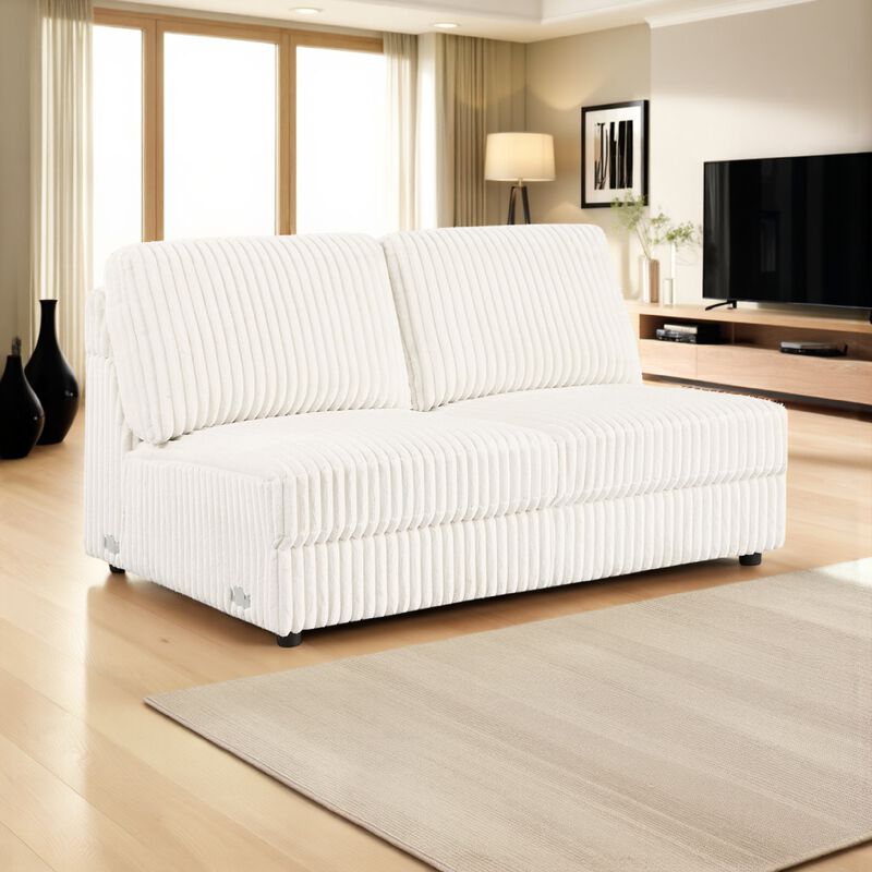 Sono Modular Armless Loveseat, 60 Inch, Ivory Fabric Channel Tufting - Benzara