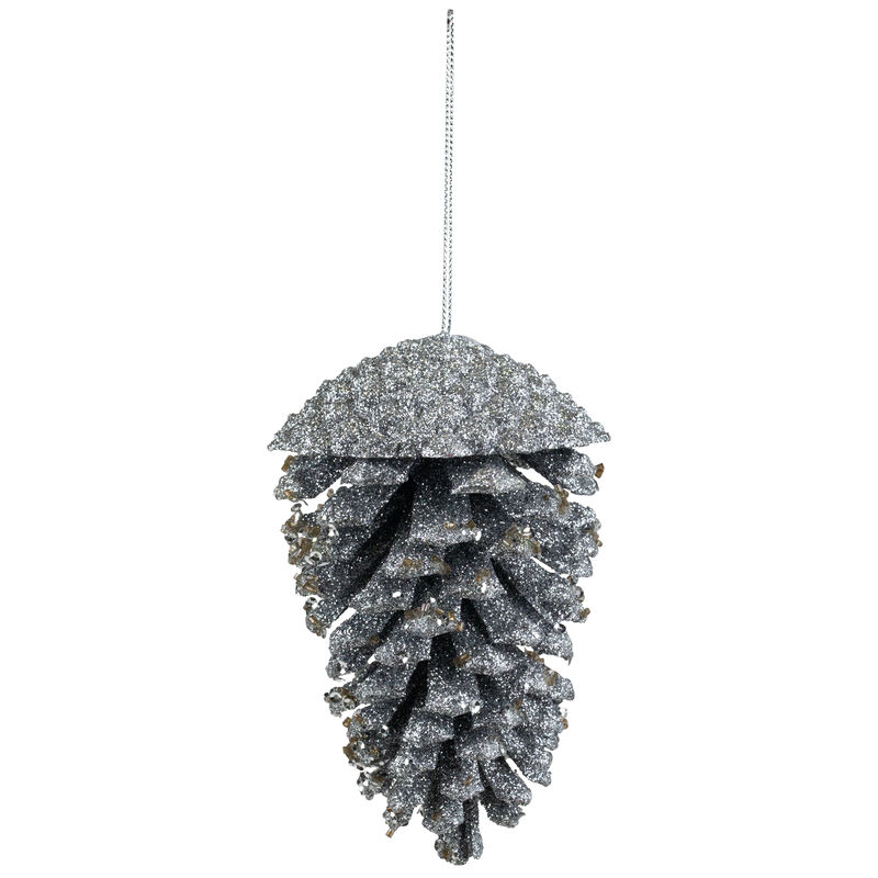 5" Silver Glitter and Sequins Pine Cone Christmas Ornament image number 0