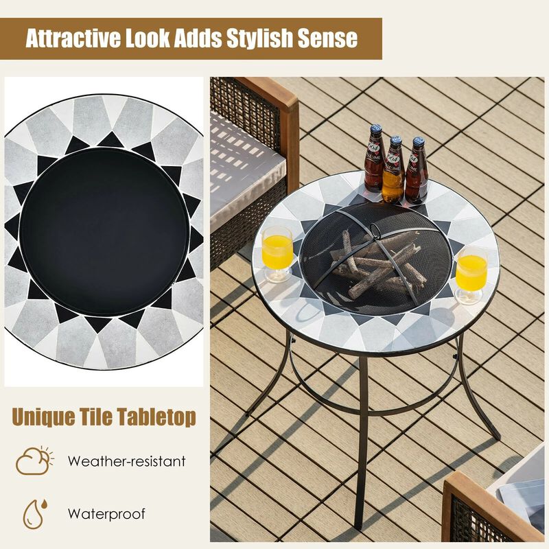 Mondawe 23.5" Round Steel Fire Pit Table with Mesh Cover & Poker, Black