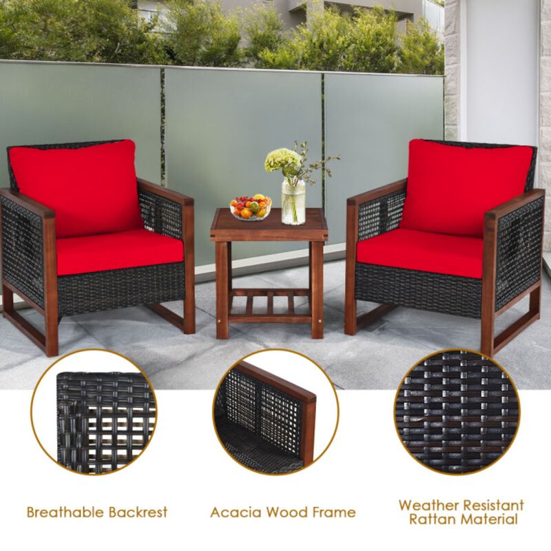 Hivvago 3 Pieces Patio Wicker Furniture Set with Washable Cushion and Acacia Wood Coffee Table