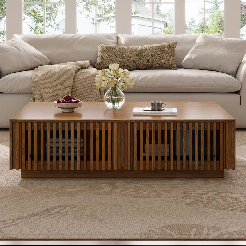 Whisen 47" Mid-Century Modern Solid Wood Coffee Table with Slatted Storage Drawers, Low Profile Rectangular Center Table for Living Room image number 2