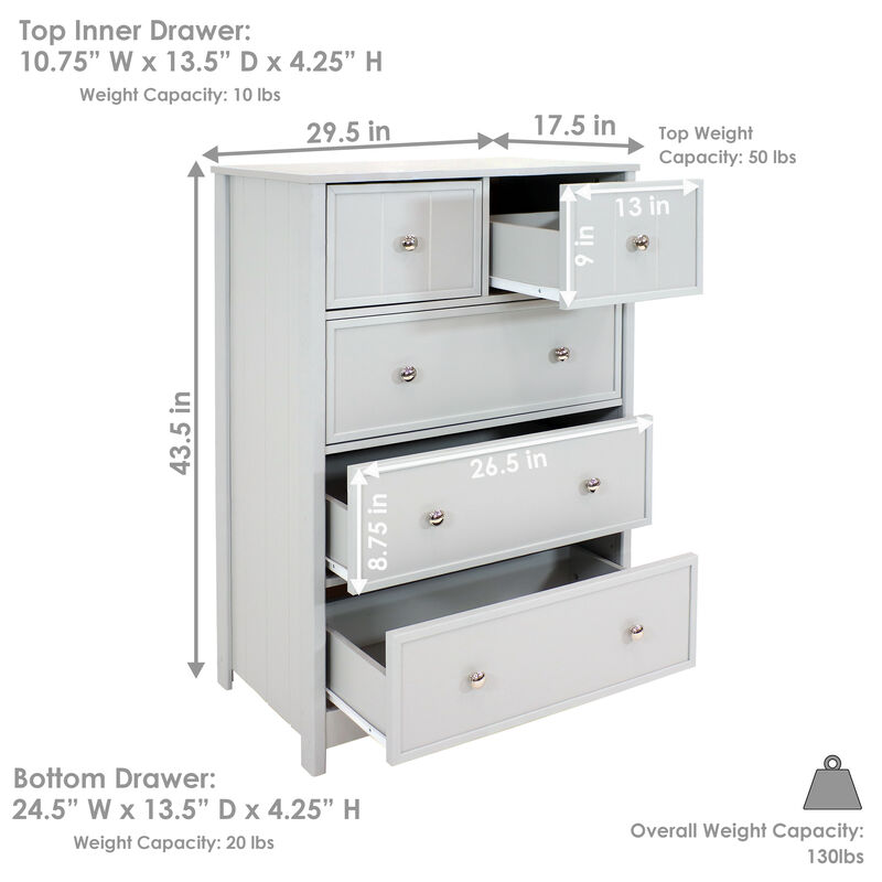 Sunnydaze Beadboard Vertical Dresser with 5 Drawers - Gray - 43.5 in