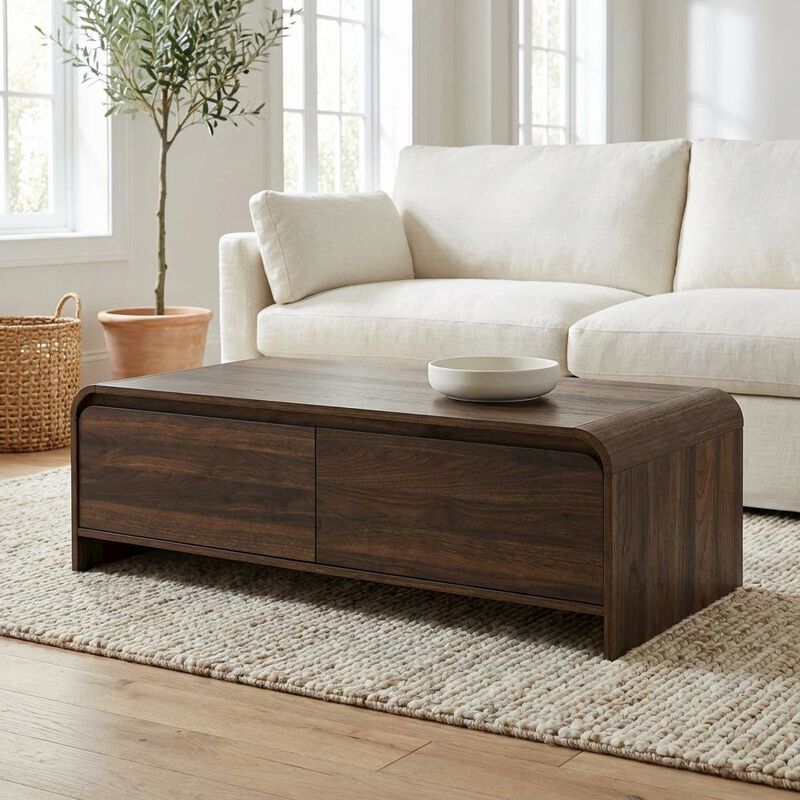 Walnut Rectangular Coffee Table with Metal Base and Cam Bolt Design image number 2