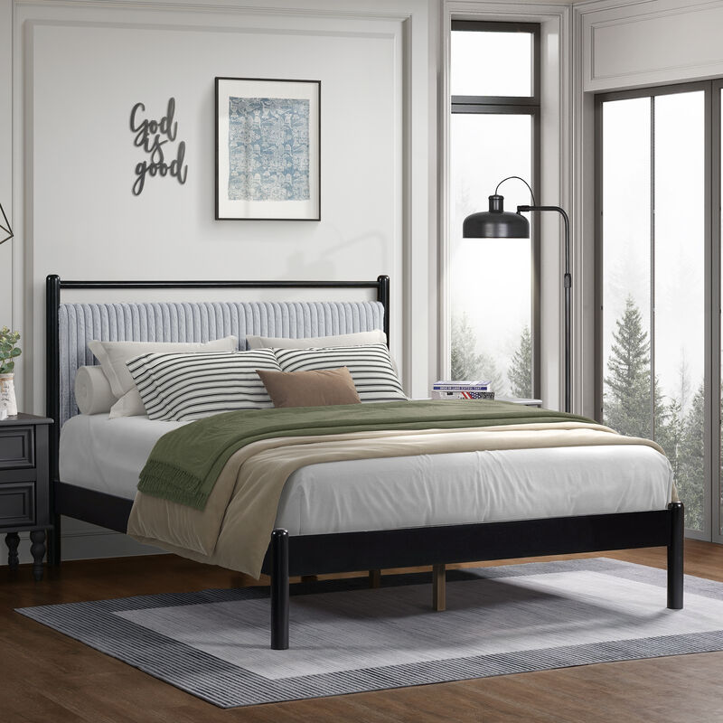 Merax Queen Wood Platform Bed with Fluffy Grey Headboard & Black Frame