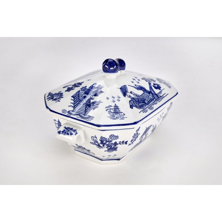 Aai Lidded Porcelain Tureen, Blue And White Pagoda Design