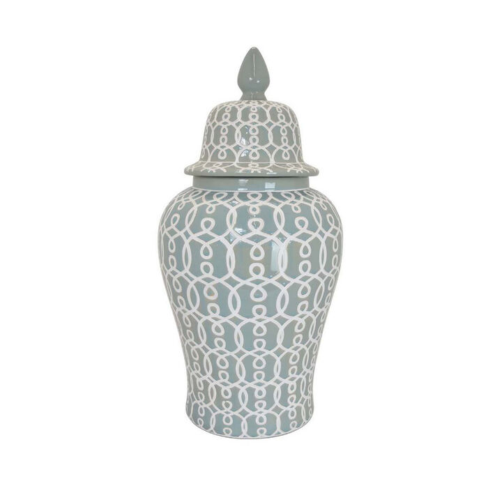 Deni 33 Inch Temple Jar, Removable Lid, Carved Pattern, Ceramic, Mint Green - Benzara