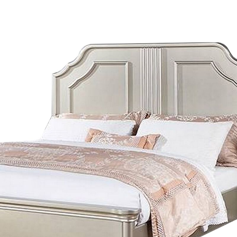 Opp Platform California King Bed with Panel Headboard, Champagne Silver - Benzara
