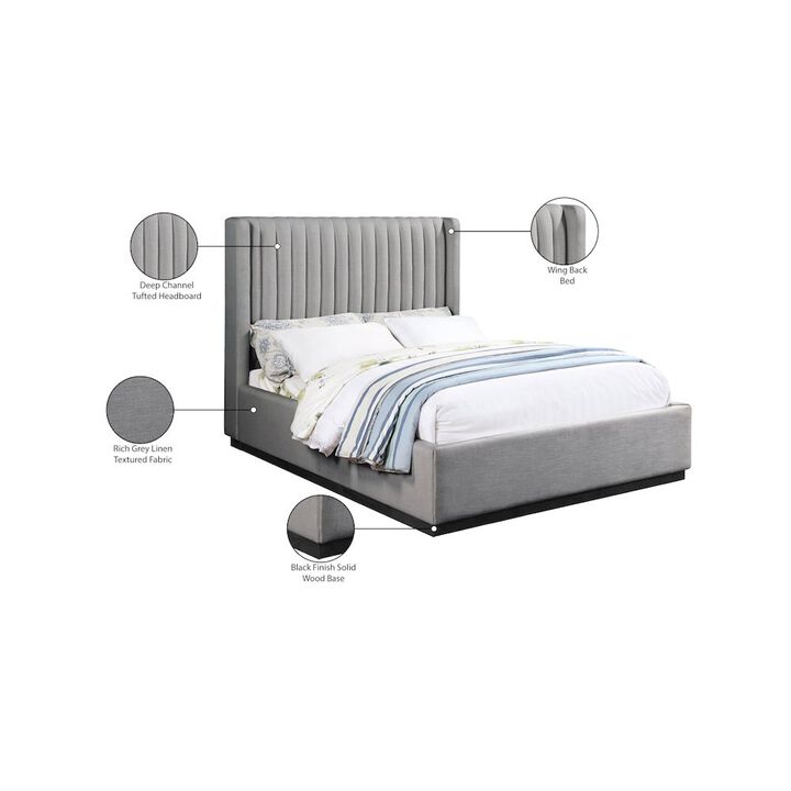 Meridian Furniture Logan Grey Linen Textured Fabric King Bed