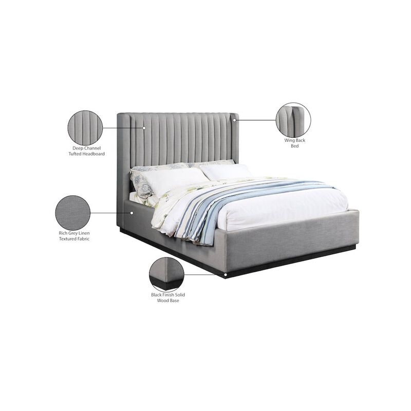 Meridian Furniture Logan Grey Linen Textured Fabric King Bed