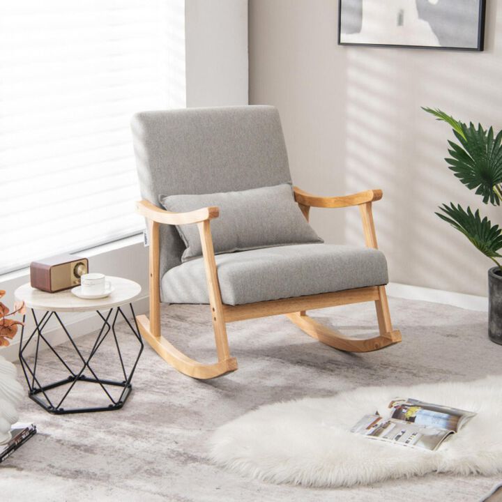 Hivvago Upholstered Rocking Chair with Pillow and Rubber Wood Frame-Gray