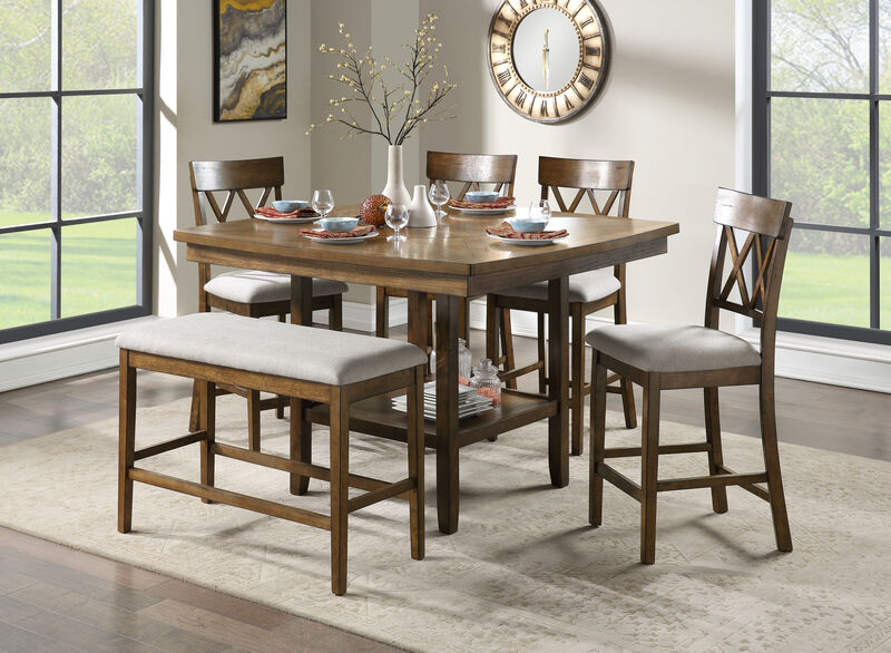 Wooden Frame Counter Height Bench Light Oak Finish Mindy Veneer Gray Textured Fabric Upholstery Dining Room Furniture