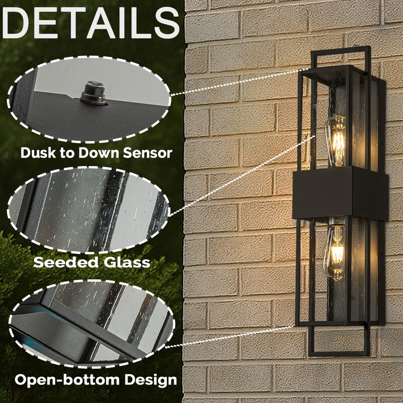 Modern Outdoor Wall Light with Dusk to Dawn Sensor H26'' Black Exterior Wall Lantern with Seeded Glass 2-Light Waterproof image number 4