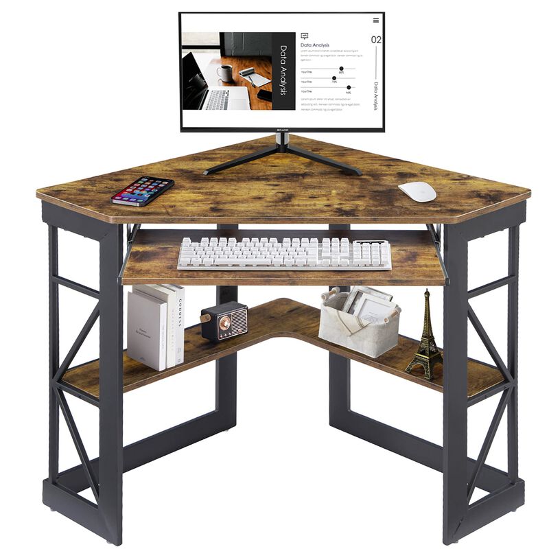 VECELO Corner Computer Desk 41 x 30 inches with Smooth Keyboard & Storage Shelves for Home Office Workstation, Antique Brown