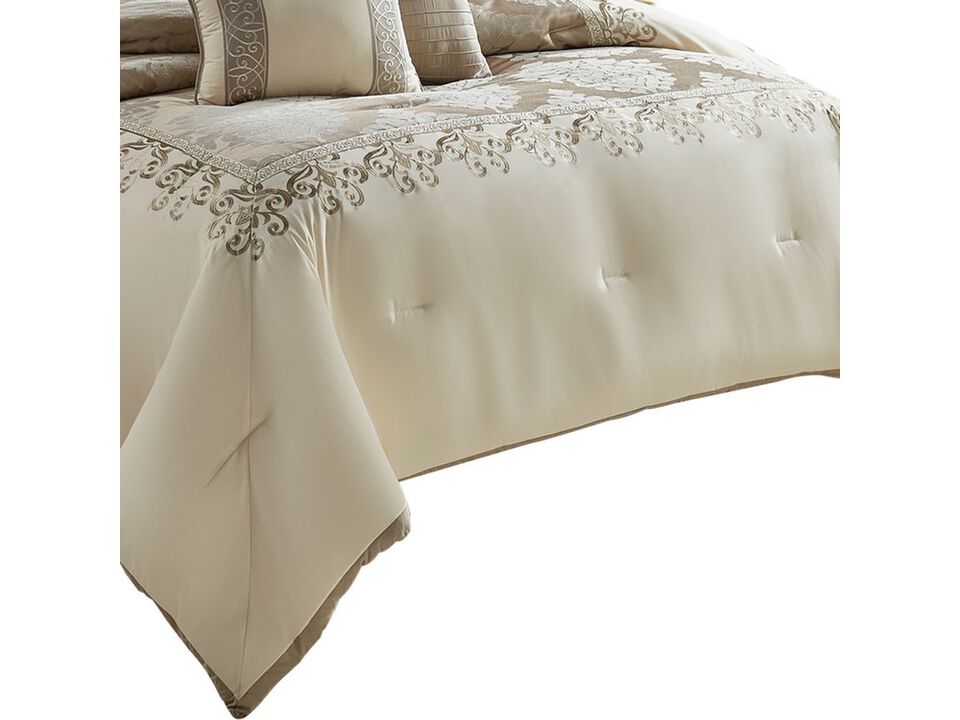 9 Piece Queen Polyester Comforter Set with Damask Print, Cream and Gold - Benzara