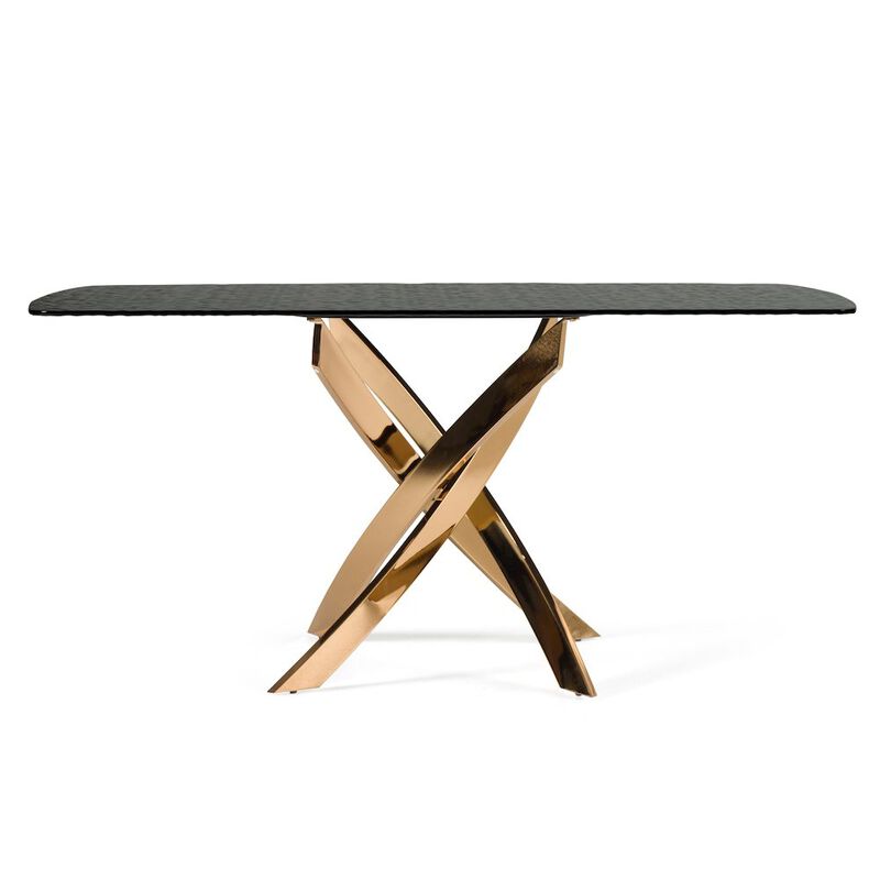 Modrest Pyrite - Modern Brown Glass + Rosegold Rectangular Dining Table