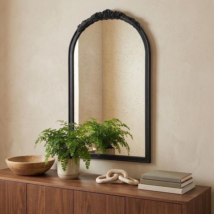 HomeRoots 42" Black Crowned Top Antiqued Glass Arch Framed Accent Mirror