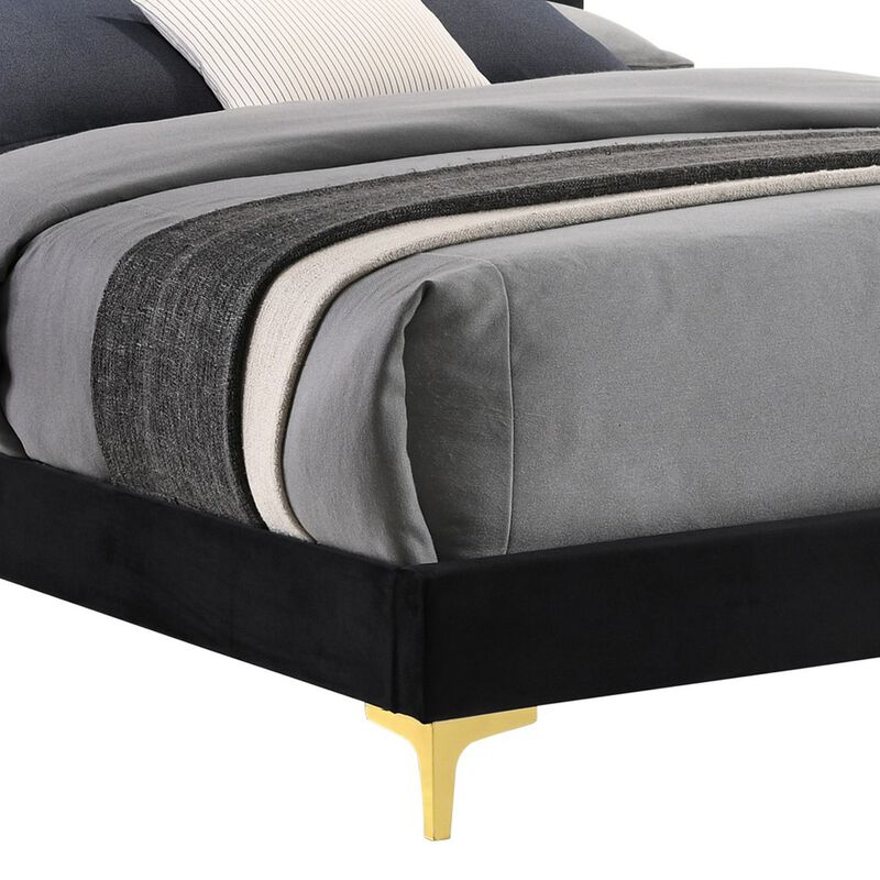Lif Platform California King Size Bed, Tufted Headboard, Gold, Black Velvet-Benzara