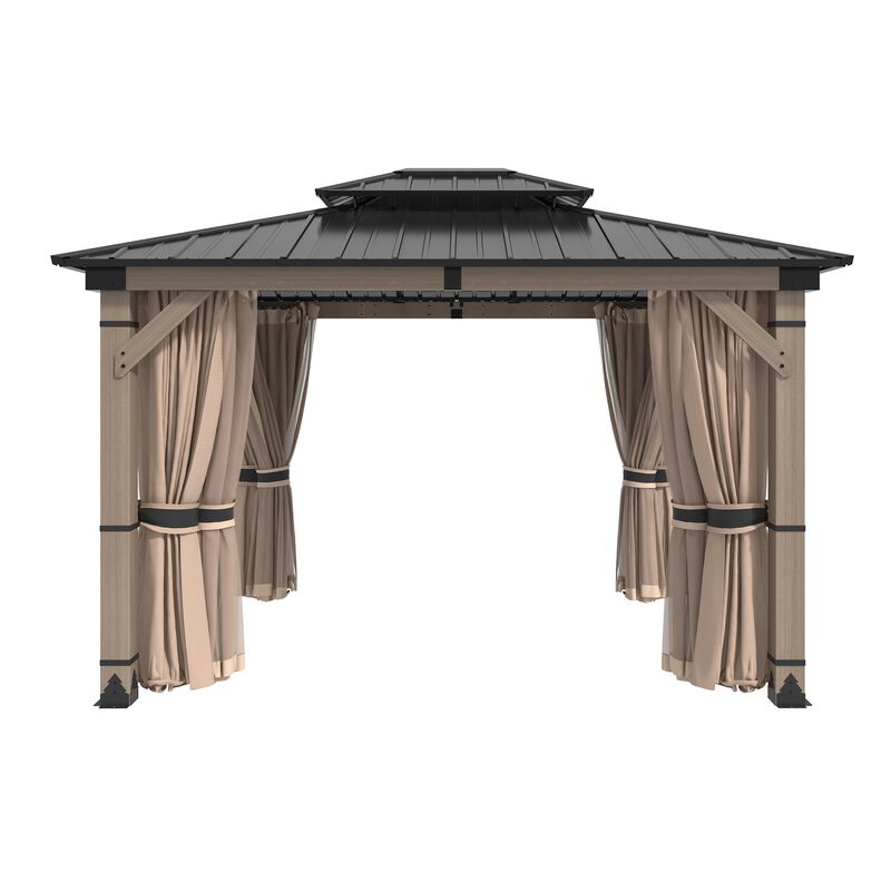 Mondawe Beverly Hills 10 ft. x 12 ft. Outdoor Fir Solid Wood Frame Patio Gazebo Canopy Shelter Galvanized Steel Hardtop with Netting And Curtain