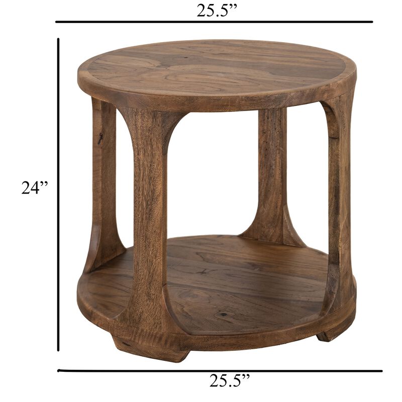 Eray Side End Table, 1 Shelf, Almond Barrel Brown Mango Wood, 26 Inch