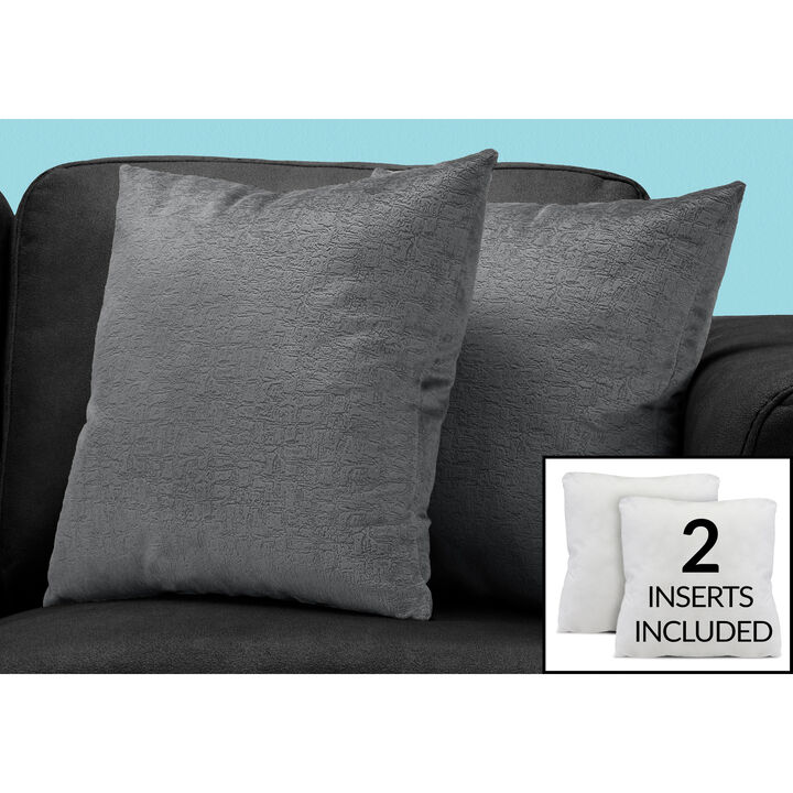 Monarch Specialties I 9275 Pillows, Set Of 2, 18 X 18 Square, Insert Included, Decorative Throw, Accent, Sofa, Couch, Bedroom, Polyester, Hypoallergenic, Grey, Modern