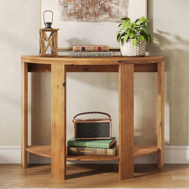 Solid Wood Hallway Console Table, Half-Moon Design with 2-Tier Storage-Brown image number 6
