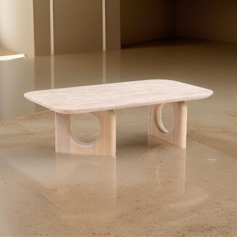 Aky 50 Inch Coffee Table, Faux Marble Top, Open Panel Frame, Natural Brown