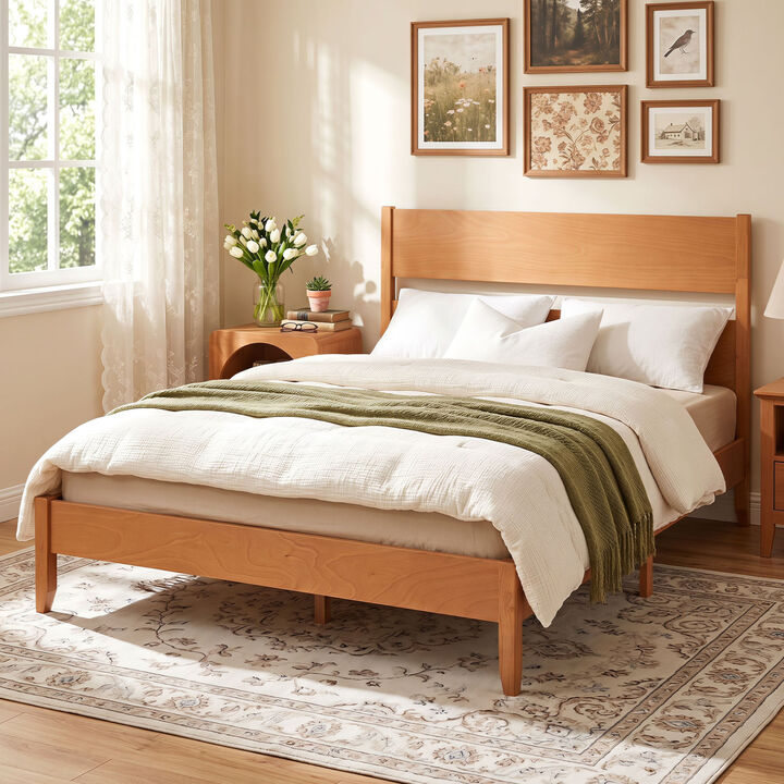 Wood Bed Frame with Headboard Solid Wood Legs and 12 Support Slats for Bedroom