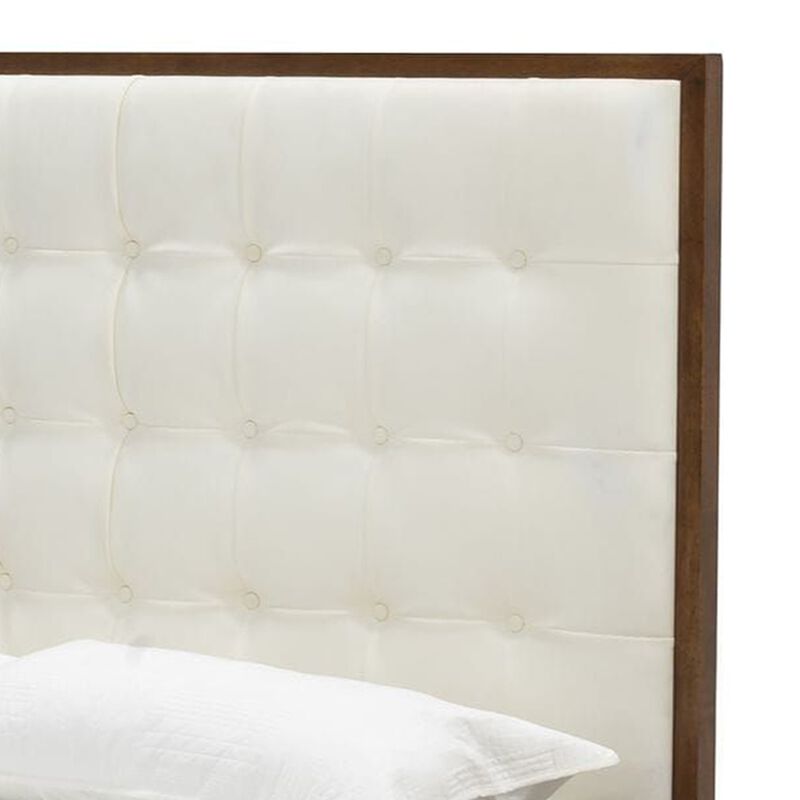 Cid Jess King Platform Bed, Tufted Faux Leather Upholstery, White, Brown - Benzara