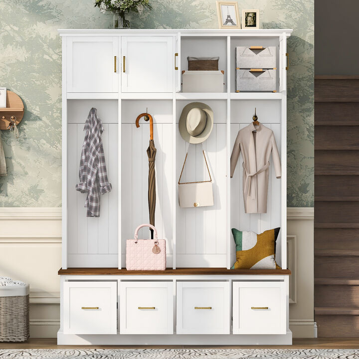 Merax All-in-One Entryway Hall Tree with Hanging Hooks, Upper Cabinet, 3 Drawers & Seating Bench