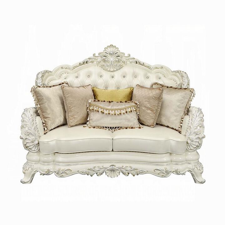Rox Ornate Loveseat, 7 Accent Pillows, Tufted White Faux Leather