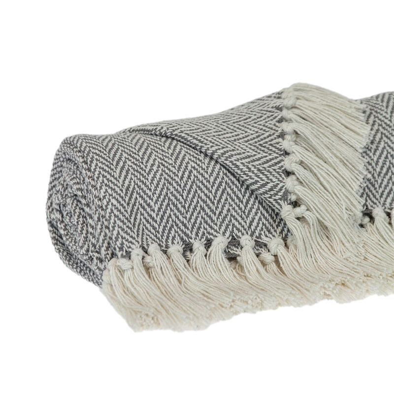 HomeRoots Handloomed Light Gray Cotton Throw Blanket with Tassels image number 2