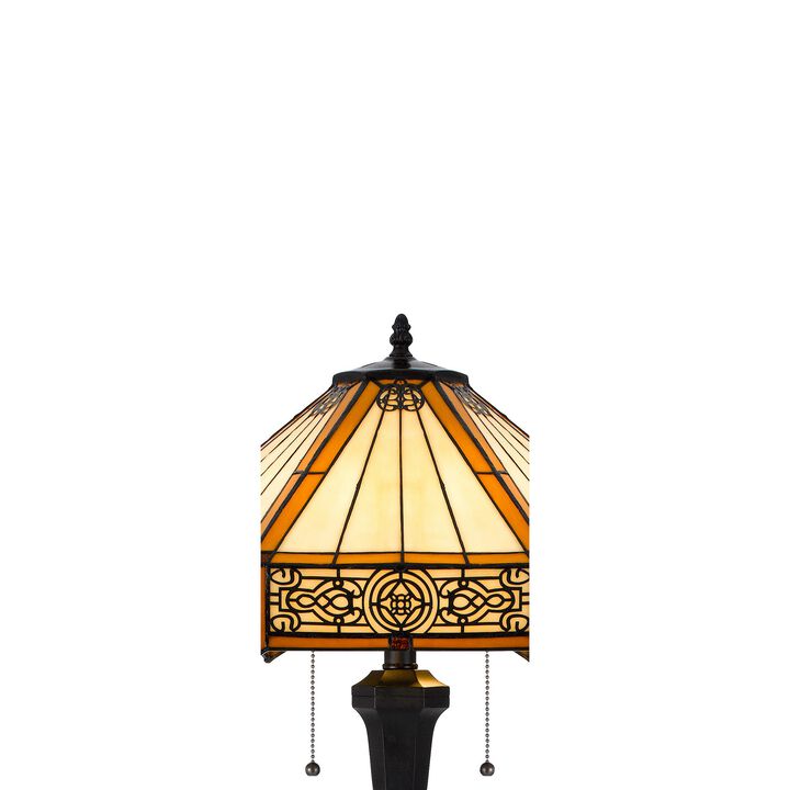 Eli 60 Inch Floor Lamp, Hexagonal Tiffany Style Shade, Dual Light, Bronze-Benzara