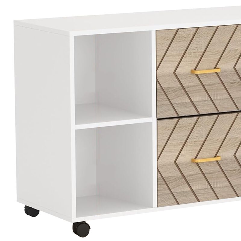 File Cabinet, 4 Storage Shelves, 2 Brown Drawers, Wheel Base 39 Inch - Benzara