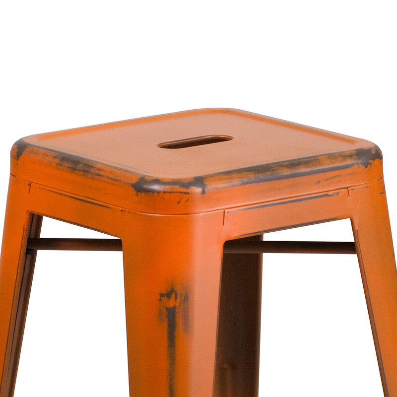 Flash Furniture Commercial Grade 24" High Backless Distressed Orange Metal Indoor-Outdoor Counter Height Stool