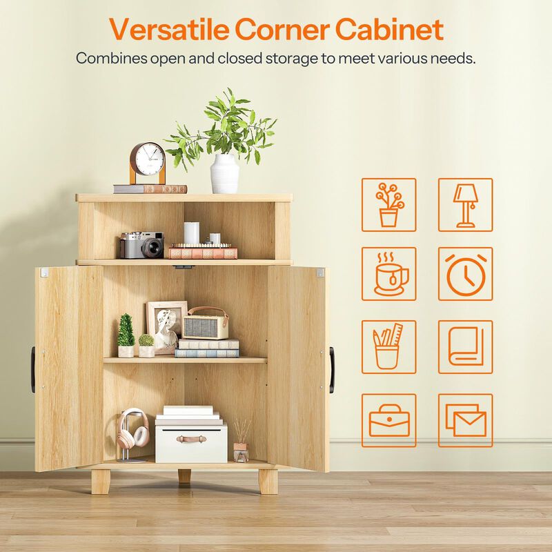 Wooden Fluted Corner Storage Cabinet with Door, Compact Space Saving Design-Beige image number 6
