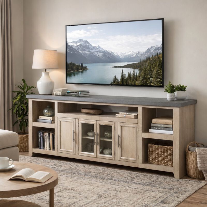 Lina TV Stand Media Cabinet, 93 Inch Gray Slate Top, Cream Pine Wood image number 8
