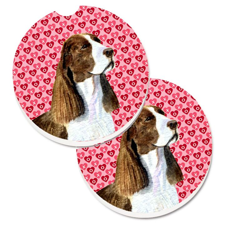 Caroline's Treasures Springer Spaniel Hearts Love Valentine's Day Set of 2 Cup Holder Car Coasters SS4513CARC, 2.56, Multicolor