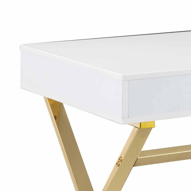 Gracie 47 Inch Desk, White Rectangular Top, 2 Drawers, Gold Metal Legs - Benzara